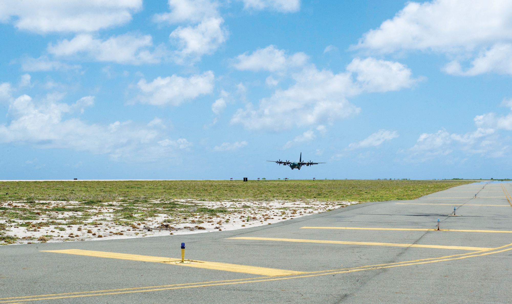 A Republic of Korea Air Force C-130J Super Hercules lands at Wake Island Airfield in the mid-Pacific June 3, 2016. The airfield supports an average of 600 aircraft sorties annually, many of them cross-Pacific missions for propeller-driven aircraft from all branches of the U.S. military and its allied partners. Wake Island is more than 600 miles from the next-closest runway in the Pacific.