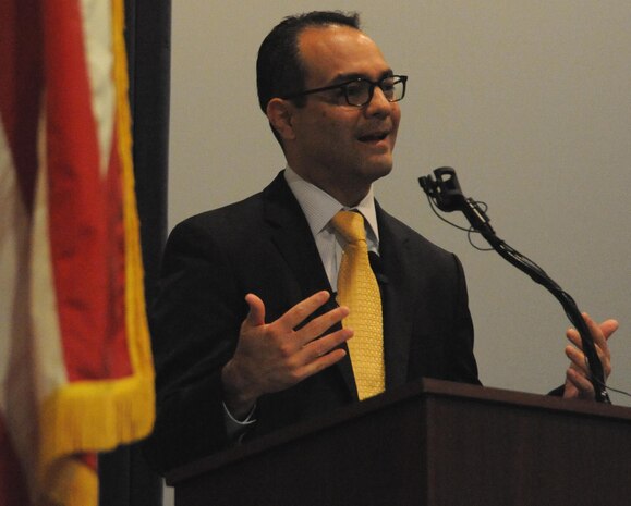 DAHLGREN, Va. - Matthew Swartz – U.S. Fleet Cyber Command Executive Director and Command Information Officer – talks to the audience at Naval Support Facility Dahlgren about the 2016 Asian American and Pacific Islander (AAPI) Heritage Month’s national theme: "Walk Together, Embrace Differences, Build Legacies." Swartz weaved personal stories about growing up at the Dahlgren naval base into his keynote speech. ““In those journeys I used to take with her, I learned from her differences to the point where I finally got comfortable with our differences and started to embrace them,” said Swartz about long walks he would have with his mother and his differences as an American with Japanese ethnicity. “I no longer tried to hide them, which was interesting.”  