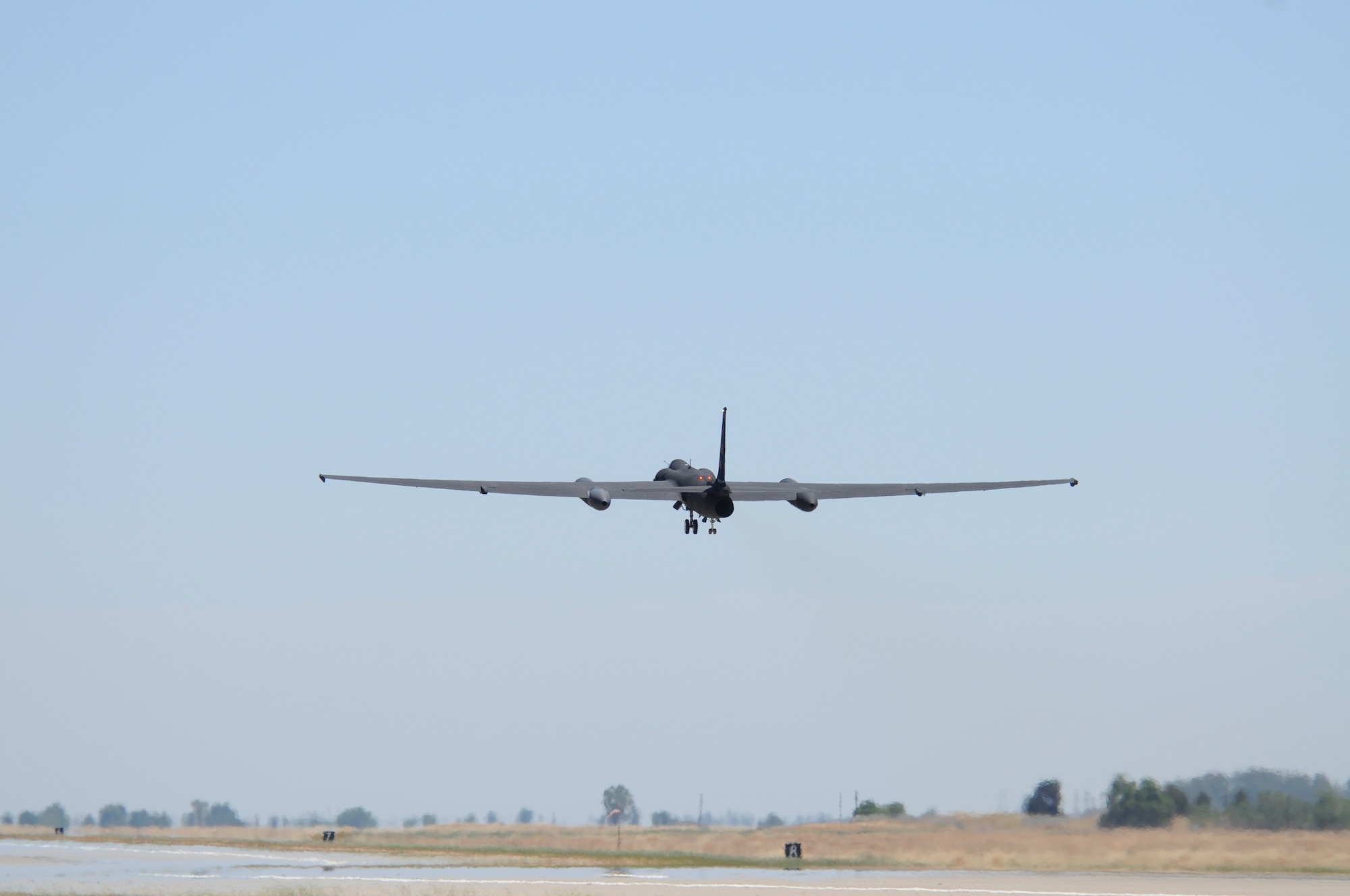 A U-2 Dragon Lady from Beale Air Force Base, California, takes off June 6, 2016, headed for Royal Air Force Fairford in Gloucestershire, England. The jet was met by an en route recovery team (ERT) in England to transition aircraft from and to Beale and forward operating locations (FOL). The ERT is used like a pit crew at the midway point in Fairford, ensuring aircraft are prepared to make it to their next destination. (U.S. Air Force photo by Senior Airman Michael Hunsaker)