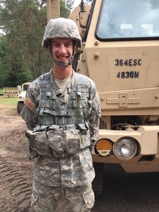 U.S. Army Reserve Pfc. James Hale, a Transportation Management Coordinator with the 3882nd Combat Sustainment Support Battalion, Joint Base Lewis-McChord, Washington, is interviewed by a Polish television reporter during Exercise Anakonda 2016 at the Drawsko Pomorskie Training Area, Poland, June 14. Hale, the son of American missionaries, was born in Poland and has lived most of his life there. He has served as a Polish translator for the soldiers in his unit during their time in Poland. Exercise Anakonda 2016 is a Polish-led, joint multinational exercise taking place throughout Poland June 7-17. The exercise involves approximately 31,000 participants from more than 20 nations. Exercise Anakonda 2016 is a premier training event for U.S. Army Europe and participating nations and demonstrates the United States and partner nations can effectively unite under a unified command while training on contemporary scenario. (U.S. Army photo by Timothy L. Hale) (Released)