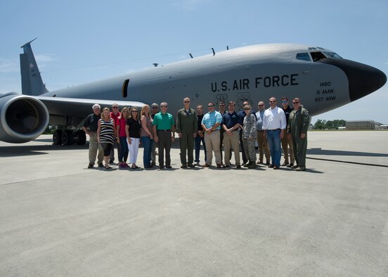 Civic leaders from Panama City and leaders from 325th Fighter Wing stand together in front of a Boeing KC-135 Stratotanker before boarding for a flight demonstration at Tyndall Air Force Base, Fla., June 16, 2016. The 91st Air Refueling Squadron, assigned to MacDill Air Force Base, provided the aircraft in support of this mission. Guests were flown around the surrounding area while learning about KC-135 mission and viewing Tyndall’s F-22 Raptors in flight. (U.S. Air Force photo by Senior Airman Ty-Rico Lea/Released)