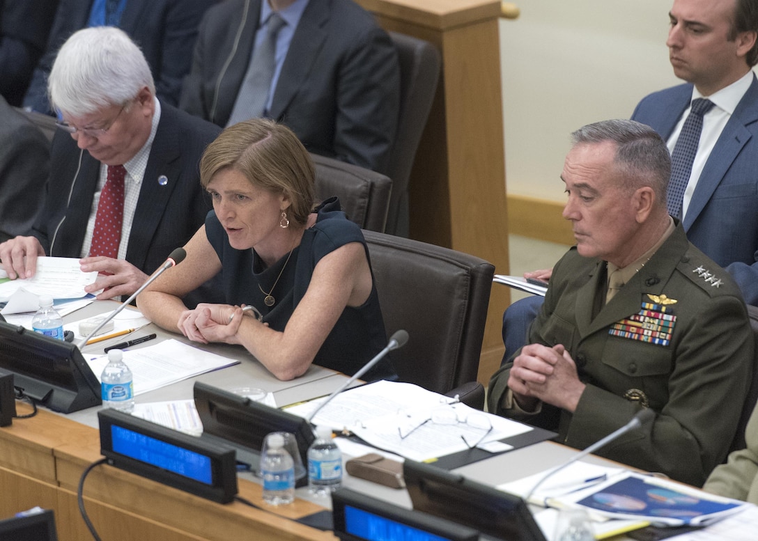 Samantha Power, U.S. Ambassador to the United Nations, introduces Marine Corps Gen. Joe Dunford, chairman of the Joint Chiefs of Staff, during a meeting on peacekeeping at the U.N. in New York City, June 17, 2016. It was Dunford’s first appearance at the U.N. as chairman. DoD photo by Navy Petty Officer 2nd Class Dominique A. Pineiro