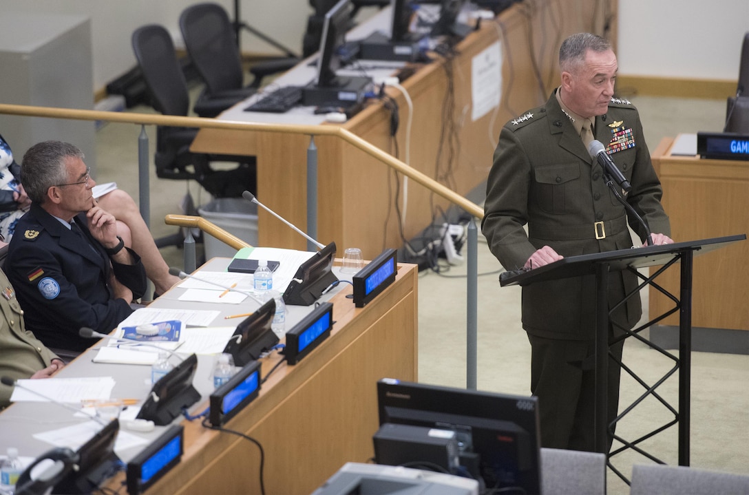 Marine Corps Gen. Joe Dunford, chairman of the Joint Chiefs of Staff, makes remarks during a meeting on peacekeeping at the United Nations in New York City, June 17, 2016. It was Dunford’s first visit to the U.N. as chairman. DoD photo by Navy Petty Officer 2nd Class Dominique A. Pineiro