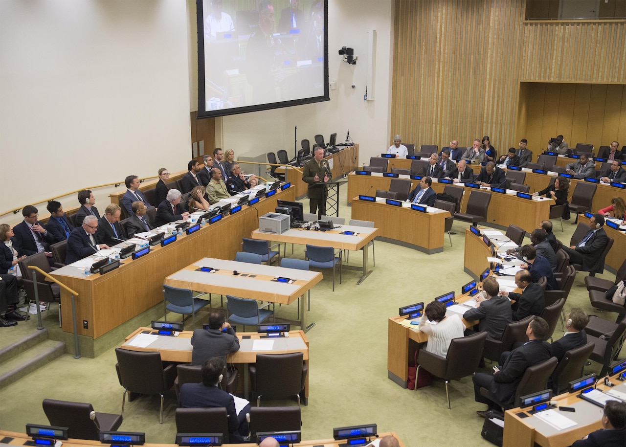 Marine Corps Gen. Joe Dunford, chairman of the Joint Chiefs of Staff, makes remarks during a meeting on peacekeeping at the United Nations in New York City, June 17, 2016. It was Dunford’s first visit to the U.N. as chairman. DoD photo by Navy Petty Officer 2nd Class Dominique A. Pineiro