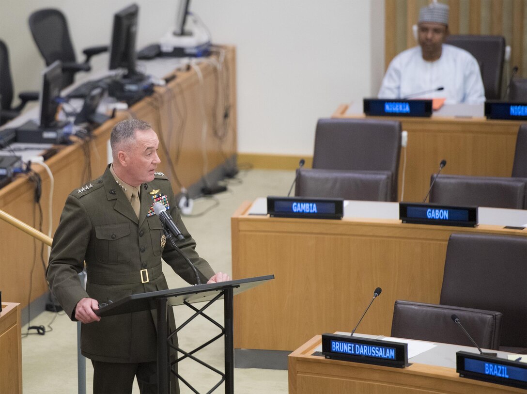 Marine Corps Gen. Joe Dunford, chairman of the Joint Chiefs of Staff, makes remarks during a peacekeeping meeting at the United Nations in New York City, June 17, 2016. DoD photo by Navy Petty Officer 2nd Class Dominique A. Pineiro