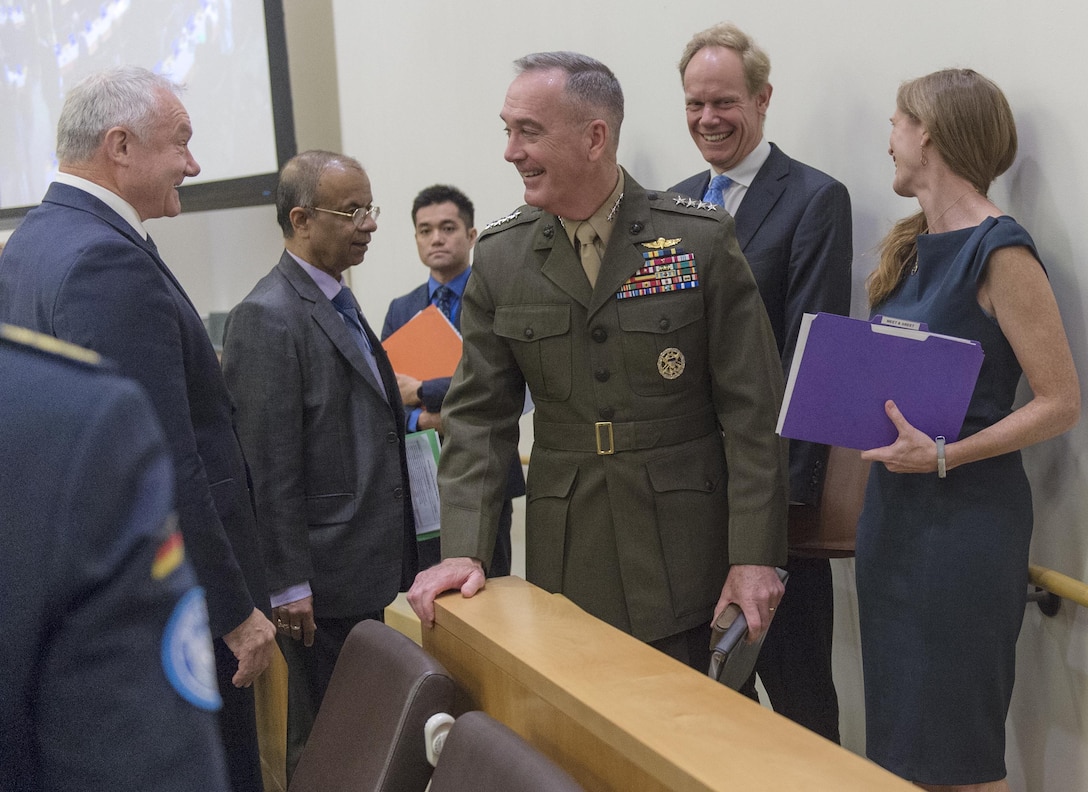 Marine Gen. Joe Dunford, chairman of the Joint Chiefs of Staff, meets with the U.S. Ambassador to the United Nations, Samantha Power, and other U.N. members during his first visit as chairman to the United Nations in New York City, June 17, 2016. Dunford also made remarks during a peacekeeping meeting. DoD photo by Navy Petty Officer 2nd Class Dominique A. Pineiro