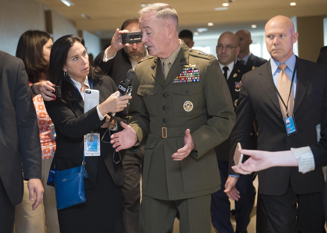 Marine Corps Gen. Joe Dunford, chairman of the Joint Chiefs of Staff, speaks to reporters during his first visit to the United Nations as chairman, in New York City, June 17, 2016. Dunford participated in a peacekeeping meeting and met with U.N. members during the visit. DoD photo by Navy Petty Officer 2nd Class Dominique A. Pineiro