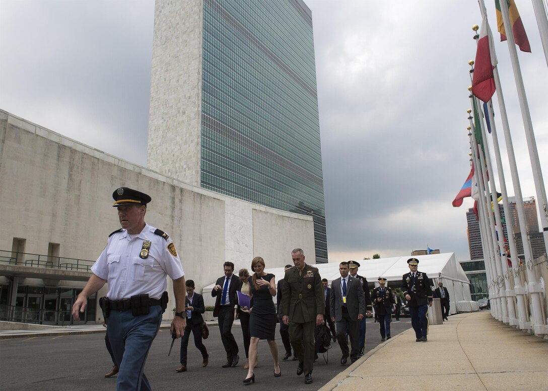 Marine Corps Gen. Joe Dunford, chairman of the Joint Chiefs of Staff, and Samantha Power, U.S. Ambassador to the United Nations, depart the U.N. in New York City, June 17, 2016. Dunford met with U.N. members and made remarks participated in a peacekeeping meeting during his first visit to the U.N. as chairman. DoD photo by Navy Petty Officer 2nd Class Dominique A. Pineiro