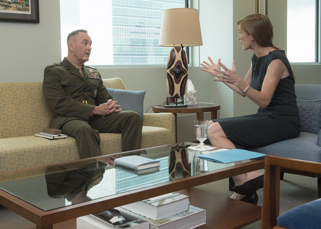 Marine Corps Gen. Joe Dunford, chairman of the Joint Chiefs of Staff, meets with U.S. Ambassador to the United Nations, Samantha Power during a visit to the United Nations in New York City, June 17, 2016. Dunford also made remarks during a peacekeeping meeting while at the U.N. DoD photo by Navy Petty Officer 2nd Class Dominique A. Pineiro