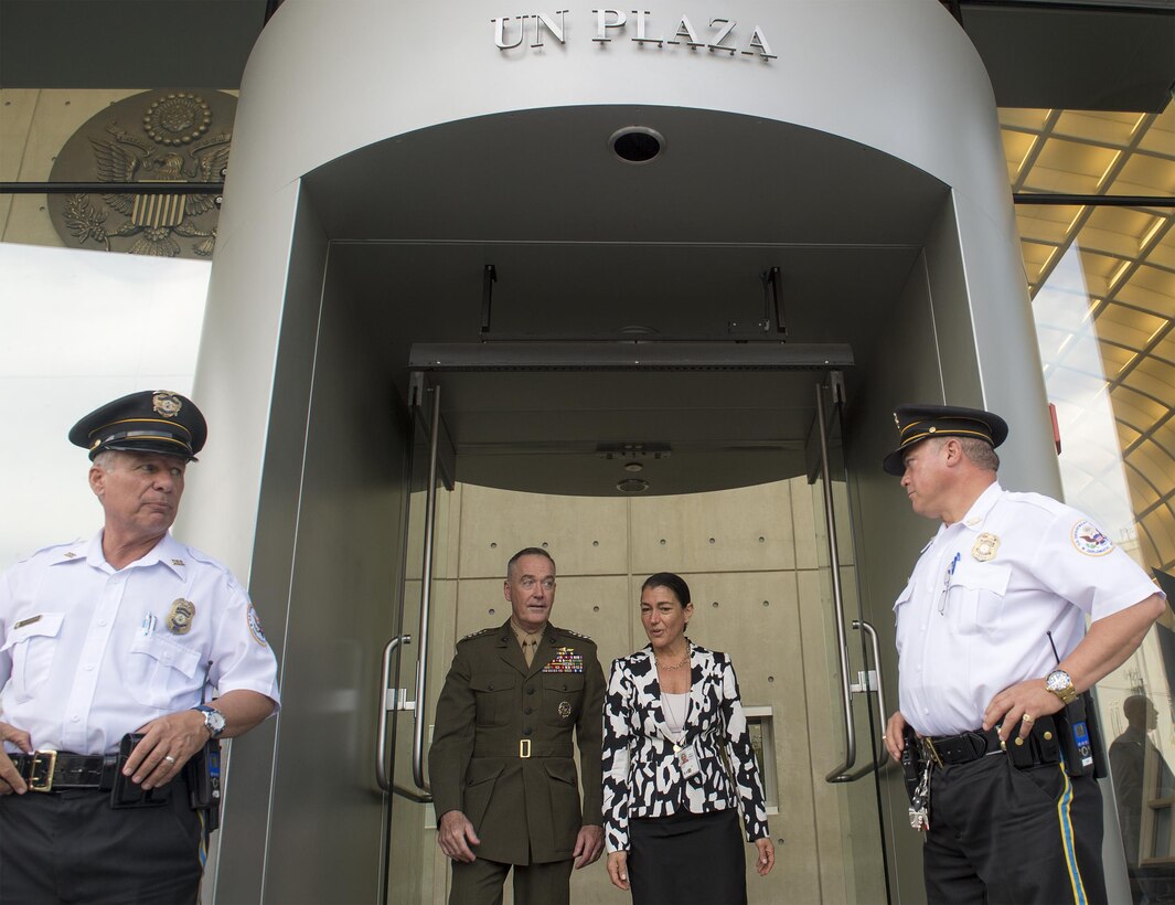 Marine Corps Gen. Joe Dunfor, chairman of the Joint Chiefs of Staff, departs the U.S. Mission to the United Nations following his first visit to the U.N. as chairman, in New York City, June 17, 2016. Dunford participated in a peacekeeping meeting and met with the ambassador to the United Nations during the visit. DoD photo by Navy Petty Officer 2nd Class Dominique A. Pineiro