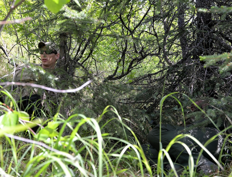 U.S. Air Force Master Sgt. Kurtis Douge, a survival, evasion, resistance and escape craftsman assigned as the 353rd Combat Training Squadron personnel recovery division superintendent, talks about evasion steps with Capt. Keli Kaaekuahiwi, an A-10 pilot assigned to the 354th Fighter Squadron out of Davis-Monthan Air Force Base, Ariz., as they use the terrain to conceal their location during a personnel recovery exercise at a training site in the Joint Pacific Alaska Range Complex, June 14, 2016, during RED FLAG-Alaska (RF-A) 16-2. RF-A is a series of Pacific Air Forces commander-directed field training exercises for U.S. and partner nation forces, enabling joint and international units like the Bulldogs to sharpen their combat skills in a realistic threat environment inside the Joint Pacific Alaska Range Complex, the largest instrumented air, ground and electronic combat training range in the world. (U.S. Air Force photo by Master Sgt. Karen J. Tomasik/Released)