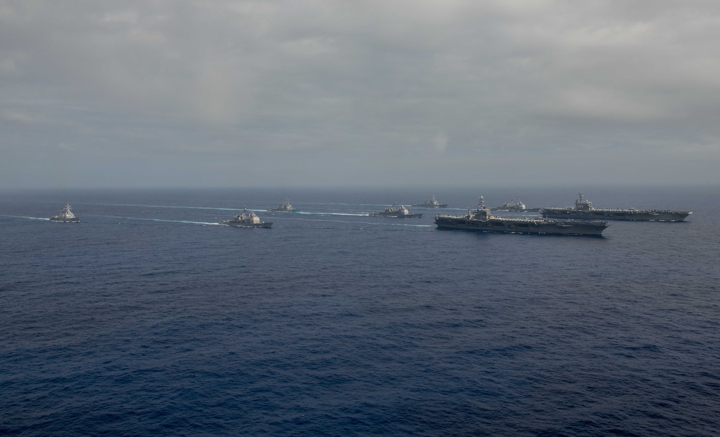 PHILLIPINE SEA (June 18, 2016) - The Nimitz-class aircraft carriers USS John C. Stennis (CVN 74) and USS Ronald Reagan (CVN 76) conduct dual aircraft carrier strike group operations in the U.S. 7th Fleet area of operations in support of security and stability in the Indo-Asia-Pacific. The operations mark the U.S. Navy’s continued presence throughout the area of responsibility. (U.S. Navy photo by Mass Communication Specialist 3rd Class Jake Greenberg / Released)