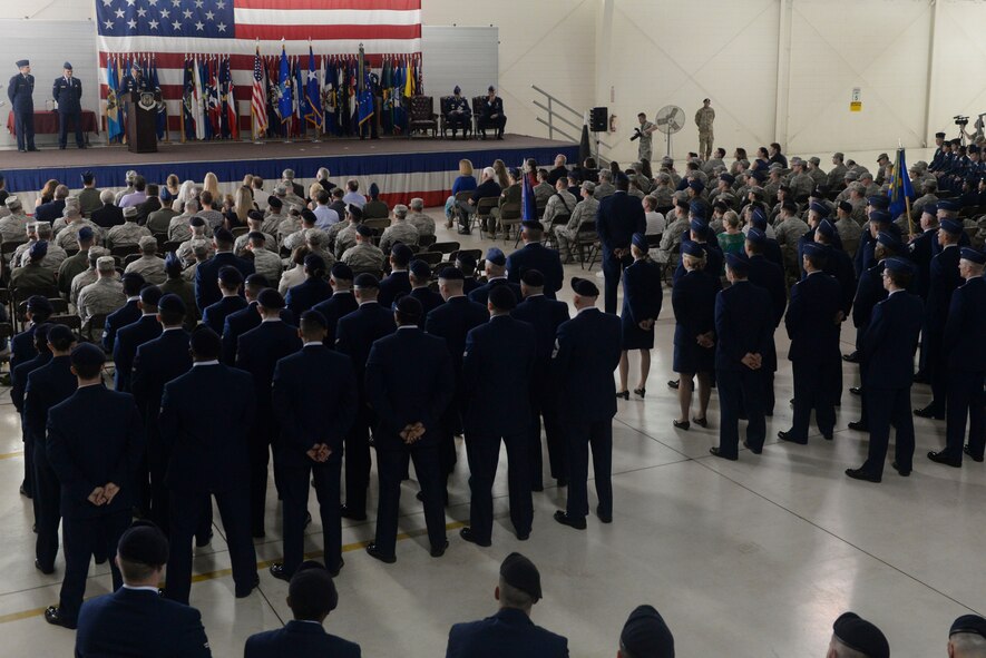 Members from the 91st Missile Wing and the 5th Bomb Wing at Minot Air Force Base, N.D., gather in the Defender Dome to celebrate the 91st MW change of command ceremony June 17, 2016. Col. Colin Connor accepted command of the 91st MW from Col. Michael Lutton. (U.S. Air Force photo/Airman 1st Class Jessica Weissman)