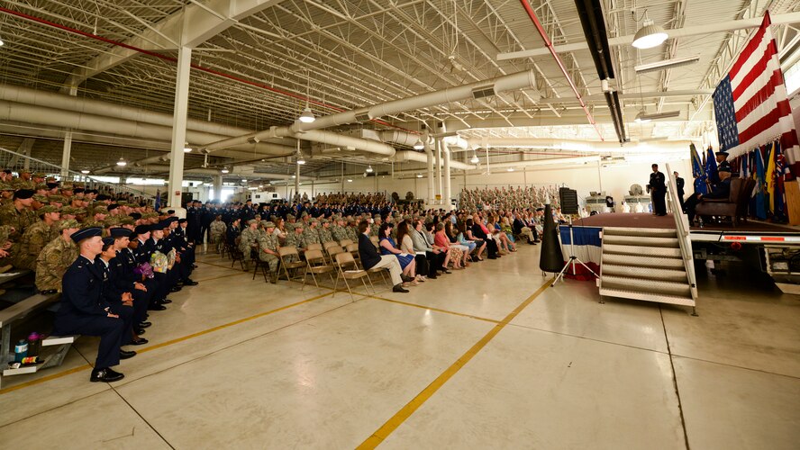 Col. Colin Connor, 91st Missile Wing commander, speaks to Team Minot during the 91st MW change of command ceremony at Minot Air Force Base, N.D., June 17, 2016. Col. Colin Connor accepted command of the 91st MW from Col. Michael Lutton. (U.S. Air Force photo/Airman 1st J.T. Armstrong)