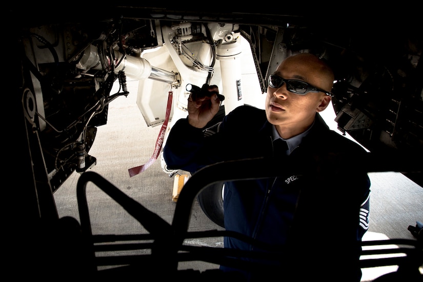 Master Sgt. Kristofer Reyes, a 99th Airlift Squadron flight engineer, inspects a C-37A at Joint Base Andrews, Md., June 7, 2016. Reyes is responsible for monitoring and maintaining the mechanical and electrical systems on the C-37A, which is a highly modified Gulfstream G5, and is used, along with the VC-25, C-20B, C-37B, C-32A and C-40B for executive airlift of the U.S. president, vice president, cabinet members, combatant commanders, and other senior military and elected leaders. (U.S. Air Force photo/Senior Master Sgt. Kevin Wallace)
