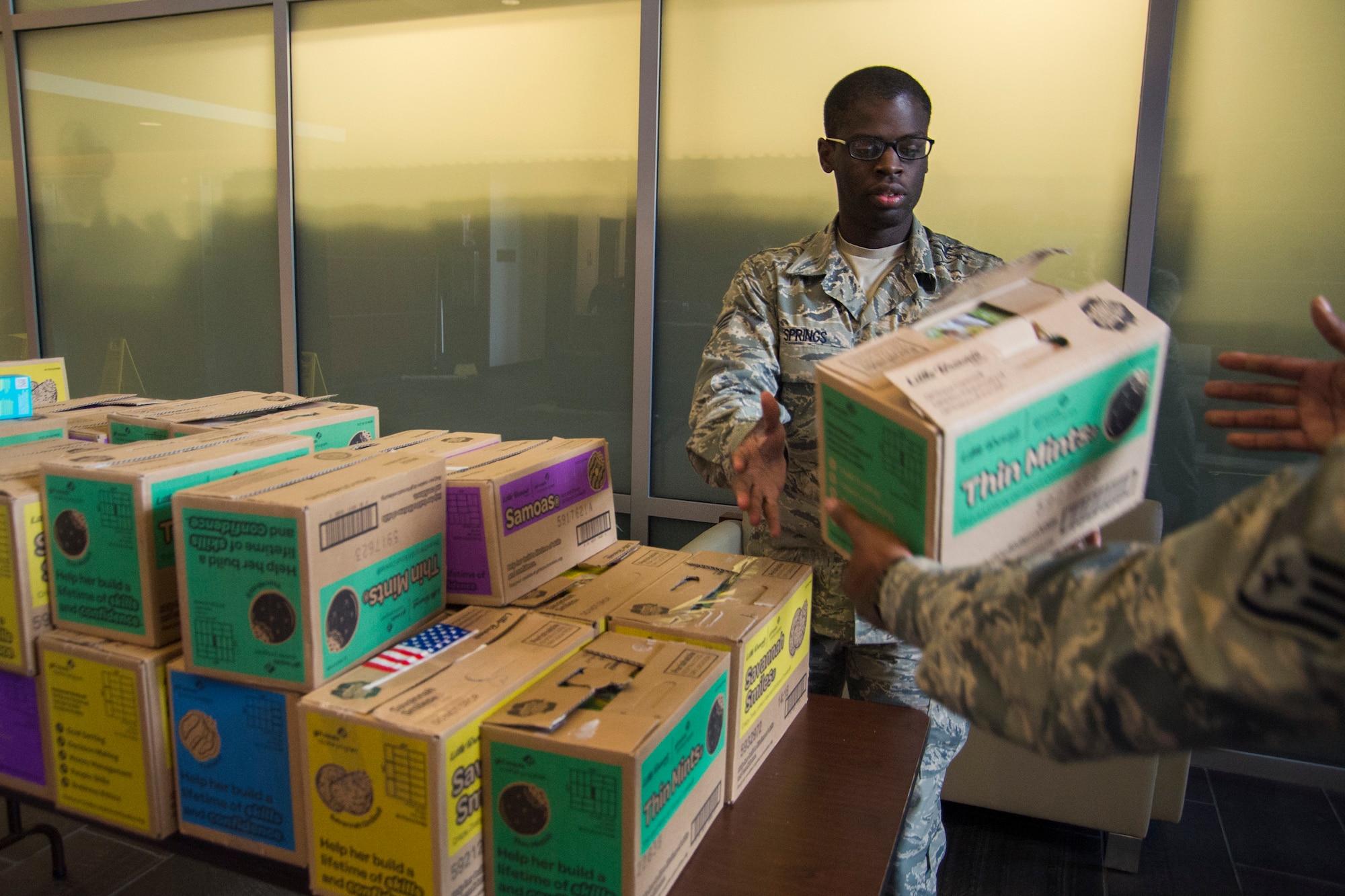 Senior Airman Christopher Springs, 11th Comptroller Squadron financial journeyman, assists with distribution of Girl Scout Cookies on Joint Base Andrews, Md., June 15, 2016. Volunteers from the six wings on JBA helped with the breakdown and delivery of approximately 5,000 boxes of cookies. (U.S. Air Force photo by Airman Gabrielle Spalding)