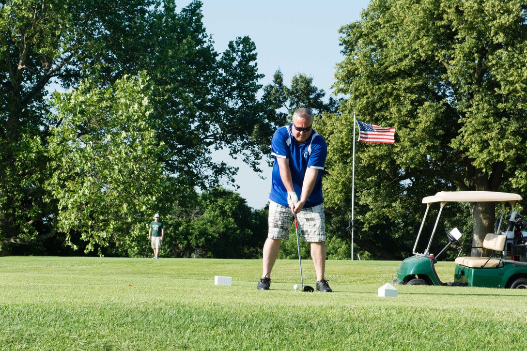 Airmen from the 139th Airlift Wing, Missouri Air National Guard, tee off in the Chiefs Association’s annual golf tournament June 17, 2016 in St. Joseph, Mo. Money raised for the tournament goes to local charities and the Airman and Family Readiness Program. (U.S. Air National Guard photo by Tech. Sgt. Michael Crane/released)