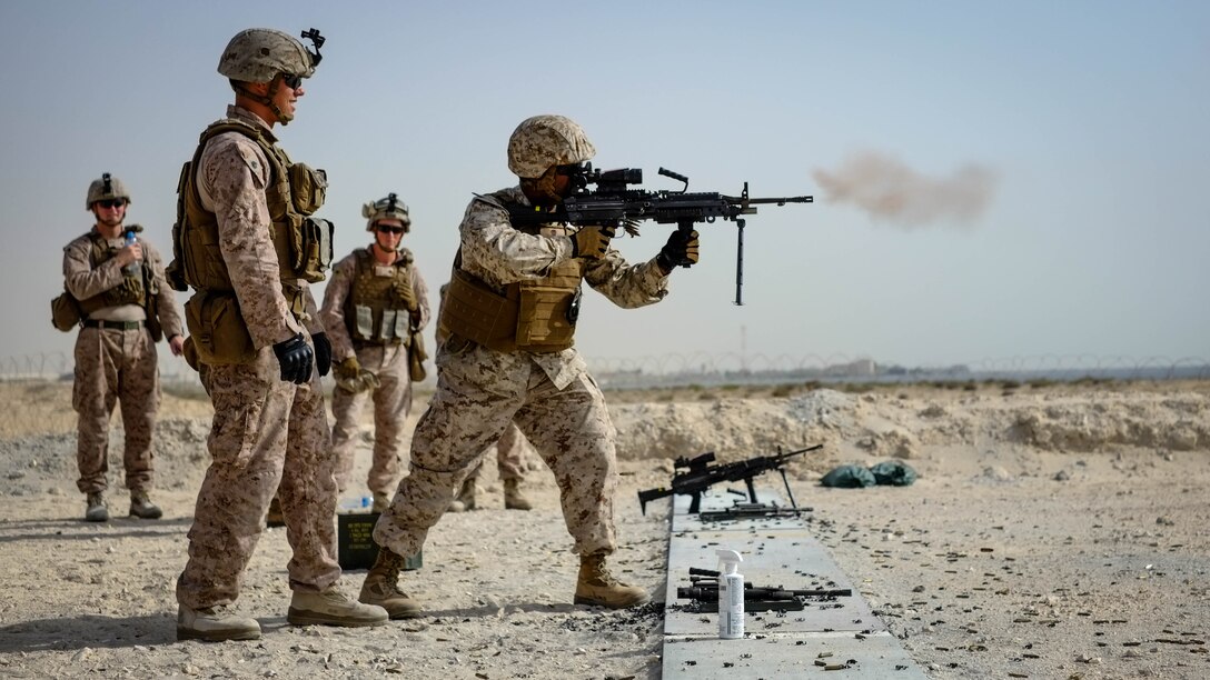 U.S. Navy Lt. Shane Joseph, the aviation combat element surgeon with Marine Wing Support Squadron 373, Special Purpose Marine Air Ground Task Force - Crisis Response - Central Command 16.2, fires an M249 light machine gun from the standing position during a familiarization range at an undisclosed location in Southwest Asia, June 8, 2016. SPMAGTF-CR-CC is forward deployed in several host nations, with the ability to respond to a variety of contingencies rapidly and effectively. 