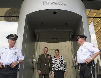 Marine Corps Gen. Joe Dunfor, chairman of the Joint Chiefs of Staff, departs the U.S. Mission to the United Nations following his first visit to the U.N. as chairman, in New York City, June 17, 2016. Dunford participated in a peacekeeping meeting and met with the ambassador to the United Nations during the visit. DoD photo by Navy Petty Officer 2nd Class Dominique A. Pineiro