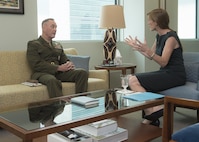 Marine Corps Gen. Joe Dunford, chairman of the Joint Chiefs of Staff, meets with U.S. Ambassador to the United Nations, Samantha Power during a visit to the United Nations in New York City, June 17, 2016. Dunford also made remarks during a peacekeeping meeting while at the U.N. DoD photo by Navy Petty Officer 2nd Class Dominique A. Pineiro