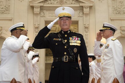 Marine Corps Gen. Joe Dunford, chairman of the Joint Chiefs of Staff, salutes after passing through sideboys at the U.S. Naval Academy in Annapolis, Md., June 16, 2016. DoD photo by Navy Petty Officer 2nd Class Dominique A. Pineiro