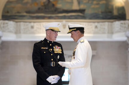 Marine Corps Gen. Joe Dunford, left, chairman of the Joint Chiefs of Staff, and Navy Adm. Mark E. Ferguson speak before Ferguson's retirement ceremony at the U.S. Naval Academy in Annapolis, Md., June 16, 2016. Ferguson most recently commanded U.S. Naval Forces Europe and U.S. Naval Forces Africa and is retiring after 38 years of service. Dunford served as the presiding officer of the ceremony. DoD photo by Navy Petty Officer 2nd Class Dominique A. Pineiro
