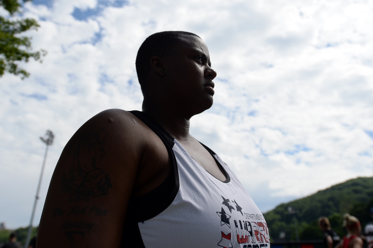 Army veteran Sgt. Monica Southall awaits her turn to throw the shot put during the 2016 Department of Defense Warrior Games at the U.S. Military Academy in West Point, N.Y., June 16, 2016. DoD photo by EJ Hersom