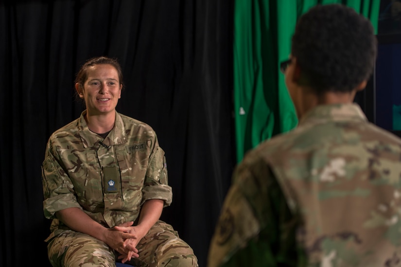 Maj. Hannah Frost of the British army speaks June 16, 2016, about her team’s experiences at Cyber Guard 2016, a nine-day exercise that involved some 800 participants in Suffolk, Va., and remote locations. Navy photo by Petty Officer 2nd Class Jesse Hyatt