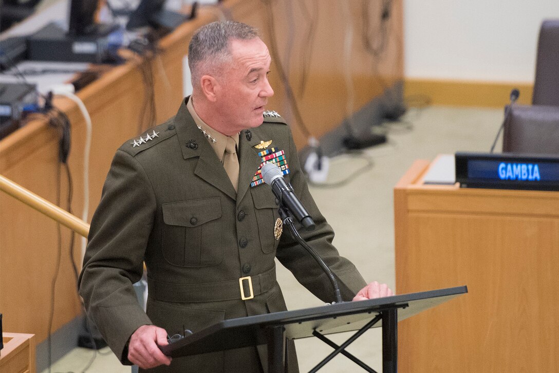 Marine Corps Gen. Joe Dunford, chairman of the Joint Chiefs of Staff, makes remarks during a meeting on peacekeeping at the United Nations in New York City, June 17, 2016. It was Dunford’s first visit to the U.N. as chairman. DoD photo by Navy Petty Officer 2nd Class Dominique A. Pineiro