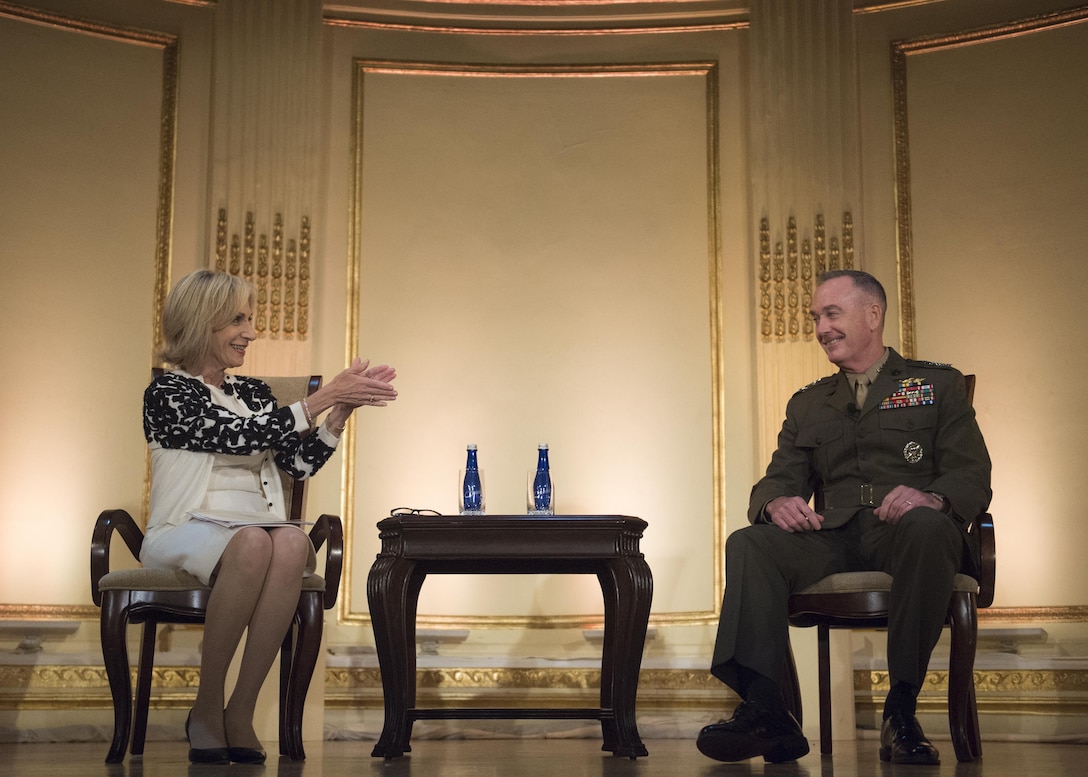 Marine Corps Gen. Joe Dunford, chairman of the Joint Chiefs of Staff, discusses defense challenges with NBC correspondent Andrea Mitchell at the Council on Foreign Relations in New York City, June 17, 2016. DoD photo by Navy Petty Officer 2nd Class Dominique A. Pineiro