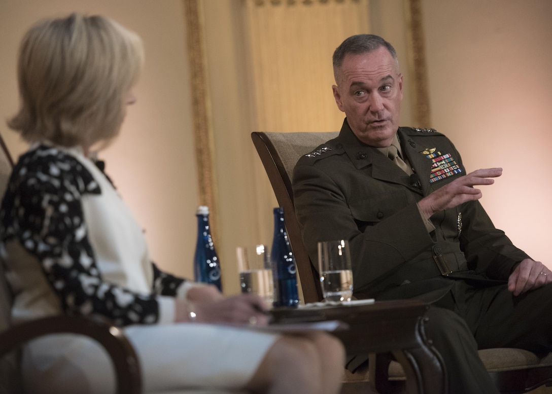 Marine Corps Gen. Joe Dunford, chairman of the Joint Chiefs of Staff, discusses defense challenges with NBC correspondent Andrea Mitchell at the Council on Foreign Relations in New York City, June 17, 2016. DoD photo by Navy Petty Officer 2nd Class Dominique A. Pineiro