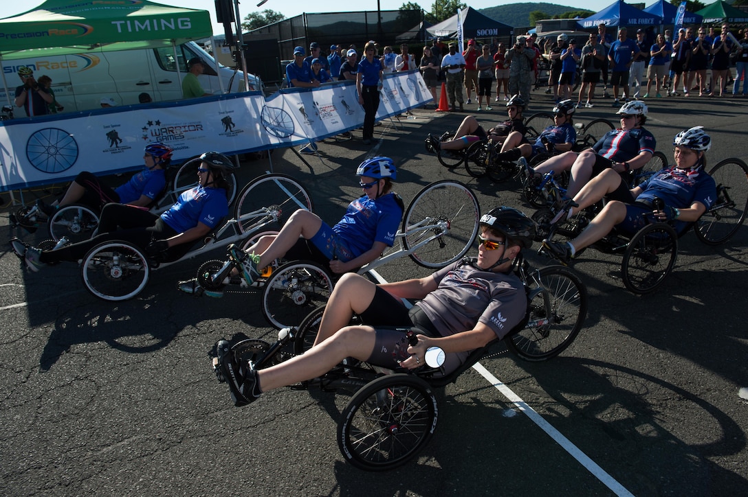 Recumbent cyclists prepare to begin the cycling course of the 2016 Department of Defense Warrior Games at the U.S. Military Academy in West Point, N.Y., June 18, 2016. DoD photo by EJ Hersom