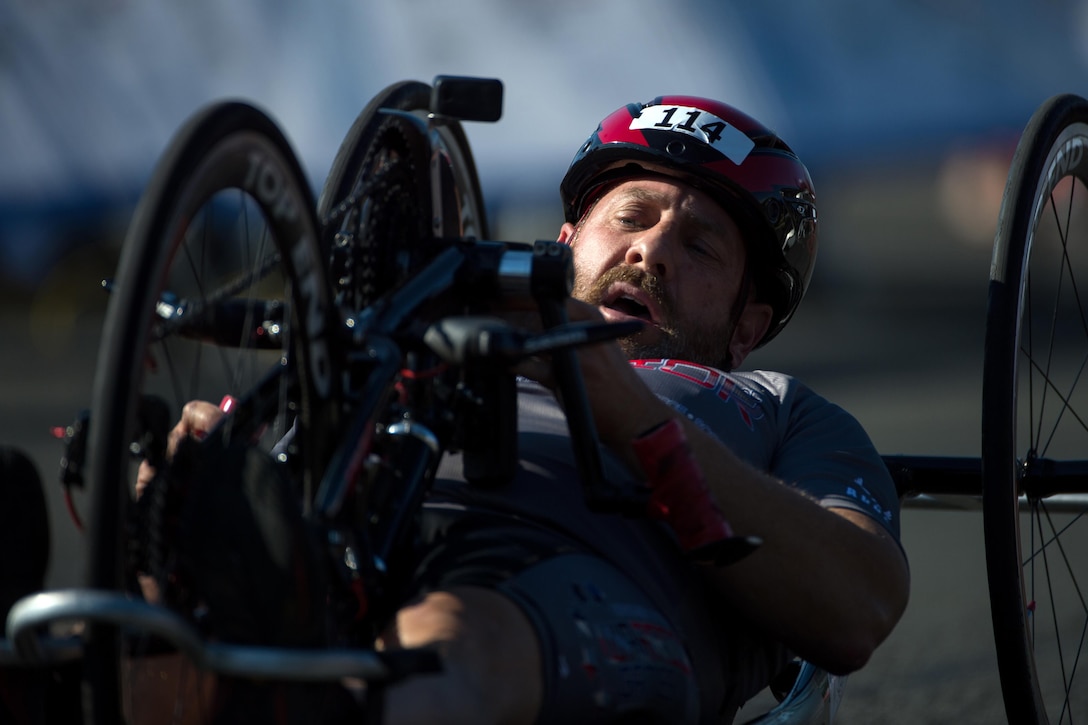 Army veteran David Neumer of the Special Operations Command team completes the hand cycle course of the 2016 Department of Defense Warrior Games at the U.S. Military Academy in West Point, N.Y., June 18, 2016. DoD photo by EJ Hersom