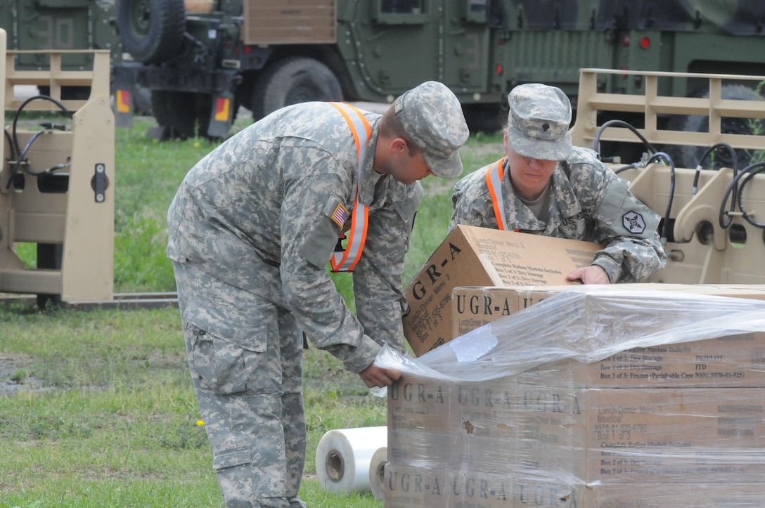 Soldiers in the 483rd Quartermaster Company work in their supply yard near Drawsko Pomorskie, Poland June 1 while supporting more than 12,000 U.S. service members deployed to Poland for Anakonda 16.
