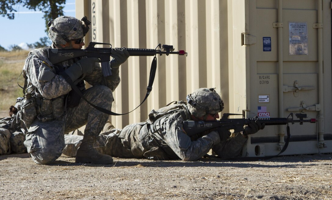 U.S. Army Reserve Soldiers, 1017th Quartermaster Company, Camp Pendleton, Calif., react to a simulated attack during a defense exercise at the Tactical Assembly Area Schoonover fuel point as part of Combat Support Training Exercise 91-16-02, Fort Hunter Liggett, Calif., June 17, 2016. As the largest U.S. Army Reserve training exercise, CSTX 91-16-02 provides Soldiers with unique opportunities to sharpen their technical and tactical skills in combat-like conditions. (U.S. Army photo by Spc. Daisy Zimmer, 367th Mobile Public Affairs Detachment)