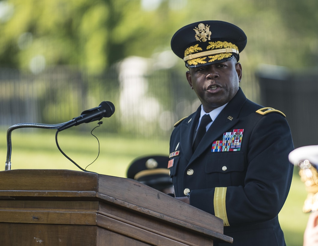Maj. Gen. Phillip Churn, commanding general of the 200th Military Police Command, U.S. Army Reserve, a native of Washington, D.C., speaks to a group of six midshipmen about to commission into the U.S. Army at the U.S. Merchant Marine Academy in Kings Point, New York, during a private commissioning ceremony June 18. The 2016 graduating class included 229 senior midshipmen, each earning a Bachelor of Science degree, a direct commission into the armed forces and a U.S. Coast Guard license. (U.S. Army photo by Master Sgt. Michel Sauret)
