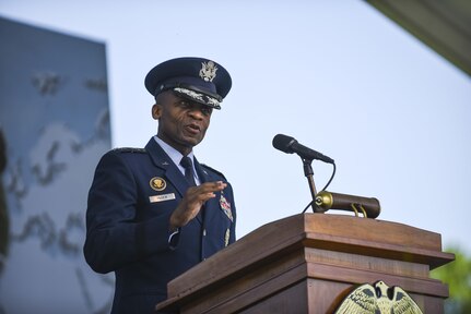 U.S. Air Force Gen. Darren McDew, commander of the U.S. Transportation Command, Scott Air Force Base, Illinois, delivers the graduation speech for the 2016 graduating class of Kings Pointers at the U.S. Merchant Marine Academy in Kings Point, New York, June 18. Maj. Gen. Phillip Churn, commanding general of the 200th Military Police Command, U.S. Army Reserve, a native of Washington, D.C., administered the Oath of Commissioned Officers for six Army lieutenants. The 2016 graduating class included 229 senior midshipmen, each earning a Bachelor of Science degree, a direct commission into the armed forces and a U.S. Coast Guard license. (U.S. Army photo by Master Sgt. Michel Sauret)