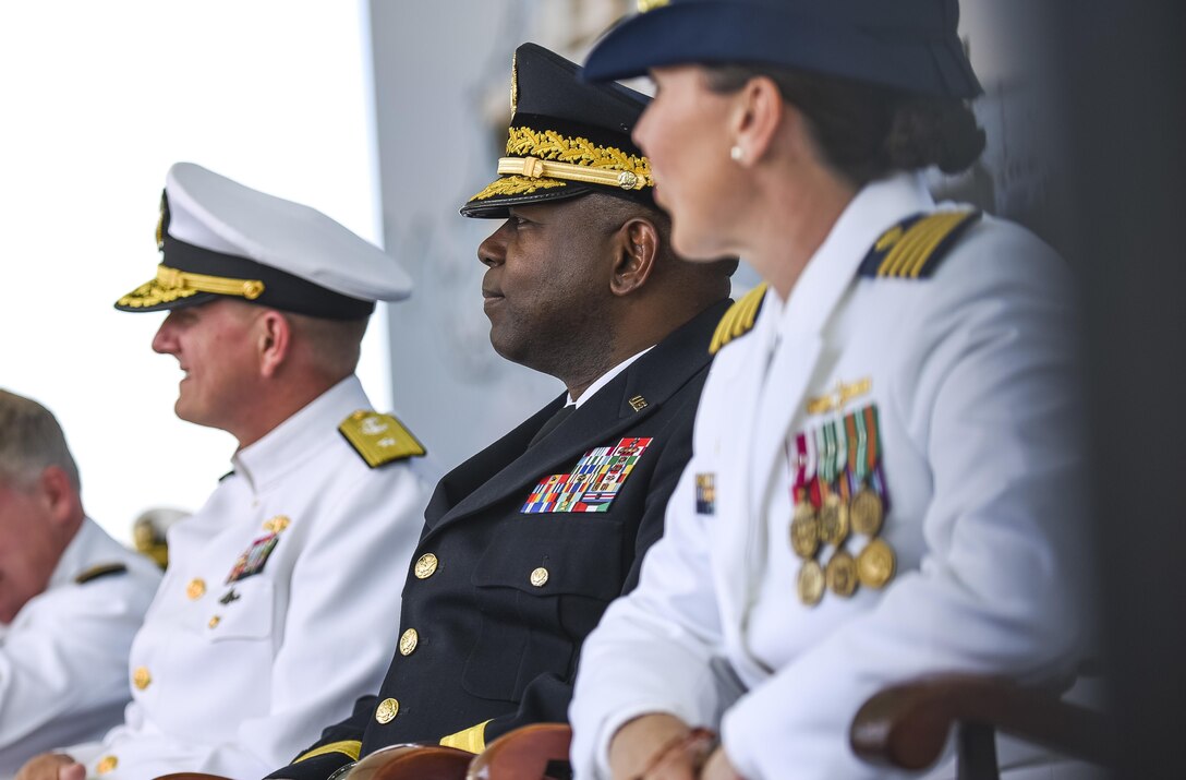 Maj. Gen. Phillip Churn, commanding general of the 200th Military Police Command, U.S. Army Reserve, a native of Washington, D.C., sits among the official party during the U.S. Merchant Marine Academy graduation ceremony in Kings Point, New York, June 18. The 2016 graduating class included 229 senior midshipmen, each earning a Bachelor of Science degree, a direct commission into the armed forces and a U.S. Coast Guard license. (U.S. Army photo by Master Sgt. Michel Sauret)