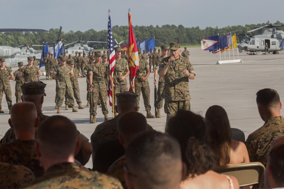 Colonel Sean M. Salene, the commanding officer of Marine Aircraft Group 29, addresses friends and family of Marine Light Attack Helicopter Squadron 467 during its deactivation ceremony at Marine Corps Air Station New River, N.C., June 16, 2016. Salene expressed the gratitude that he has towards the squadron for its support during the eight years of activation and countless man-hours that Marines served.