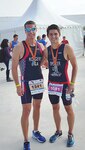 Don Rodgers, left, Defense Logistics Agency Installation Support at Richmond, Virginia’s fire chief, poses with Parker Spencer, a Richmond resident and director of Coach Operations, Endorpin Fitness, after competing June 5 in the International Triathlon Union’s Duathlon World Championship held in Avilȇs, Spain June 4 – 6, 2016. 