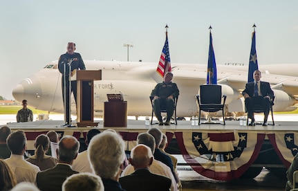 Col. Thomas K. Smith Jr., 433rd Airlift Wing commander, addresses the crowd during the C-5M Super Galaxy transfer ceremony June 17, 2016 along the flight line of Joint Base San Antonio-Lackland, Texas. Colonel Smith boarded the aircraft bound for the ceremony from Stewart Air National Guard Base, New York, that morning. It is the only C-5M to be bestowed as "The City of San Antonio." (U.S. Air Force photo by Benjamin Faske)