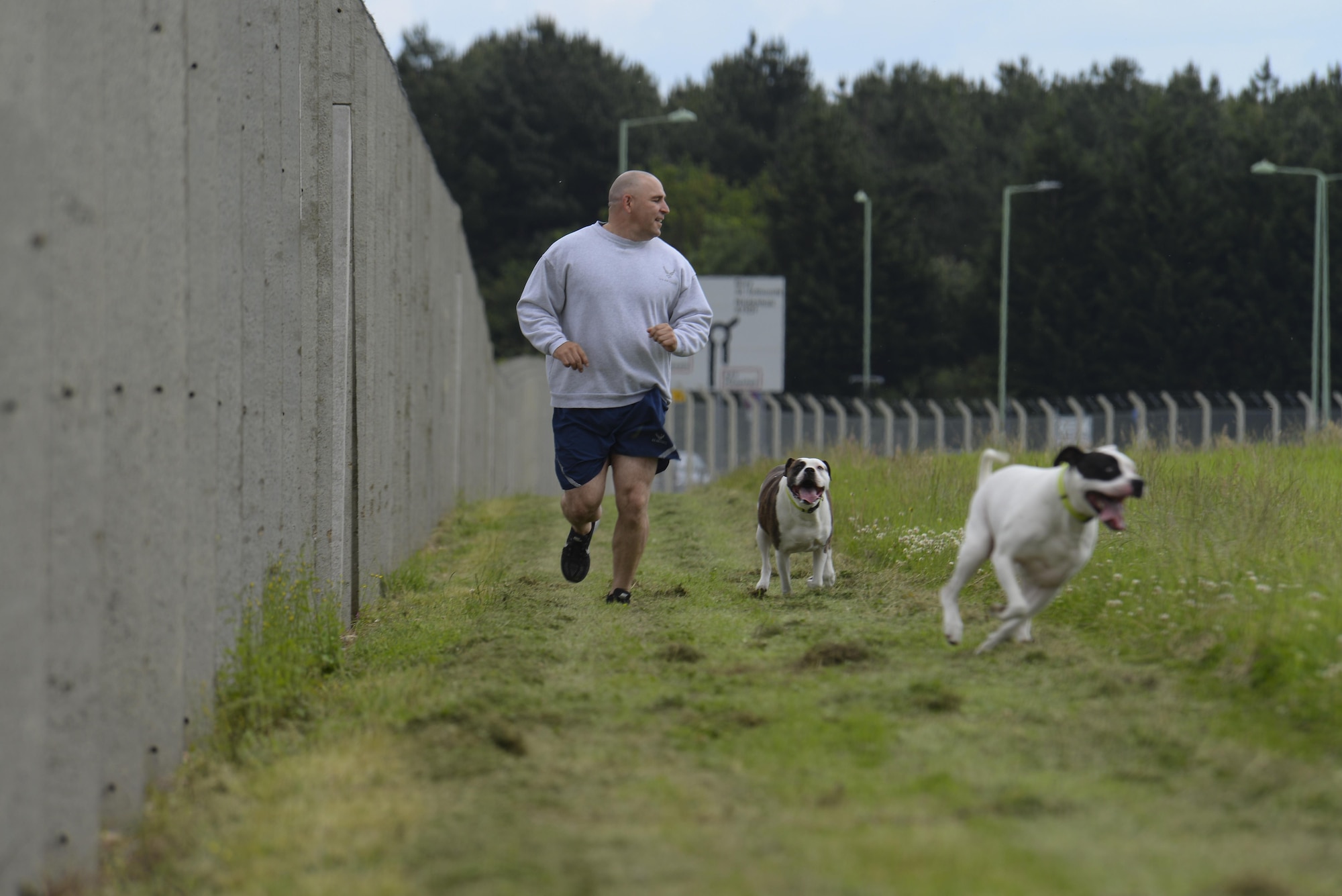 U.S. Air Force Master Sgt. Matthew Deel, 100th Civil Engineer Squadron facility superintendent, runs with his dogs in the new dog park June 16, 2016, on RAF Mildenhall, England. The park enables Airmen and their families to exercise and play with their dogs in a safe environment on base. (U.S. Air Force photo by Staff Sgt. Micaiah Anthony/Released)