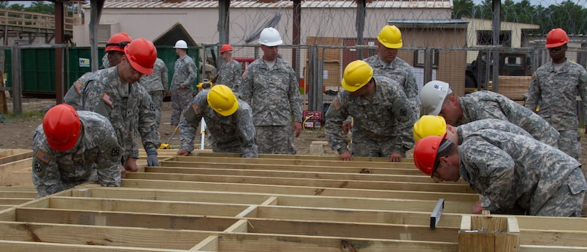 JOINT BASE MCGUIRE-DIX-LAKEHURST, N.J. - Soldiers of 412th Engineer Company, based in Scranton, Pa., line up a frame for a detainee complex during training exercise Castle Installation Related Construction 2016. (U.S. Army photo by Spc. Gary R. Yim, 372nd Mobile Public Affairs Detachment)