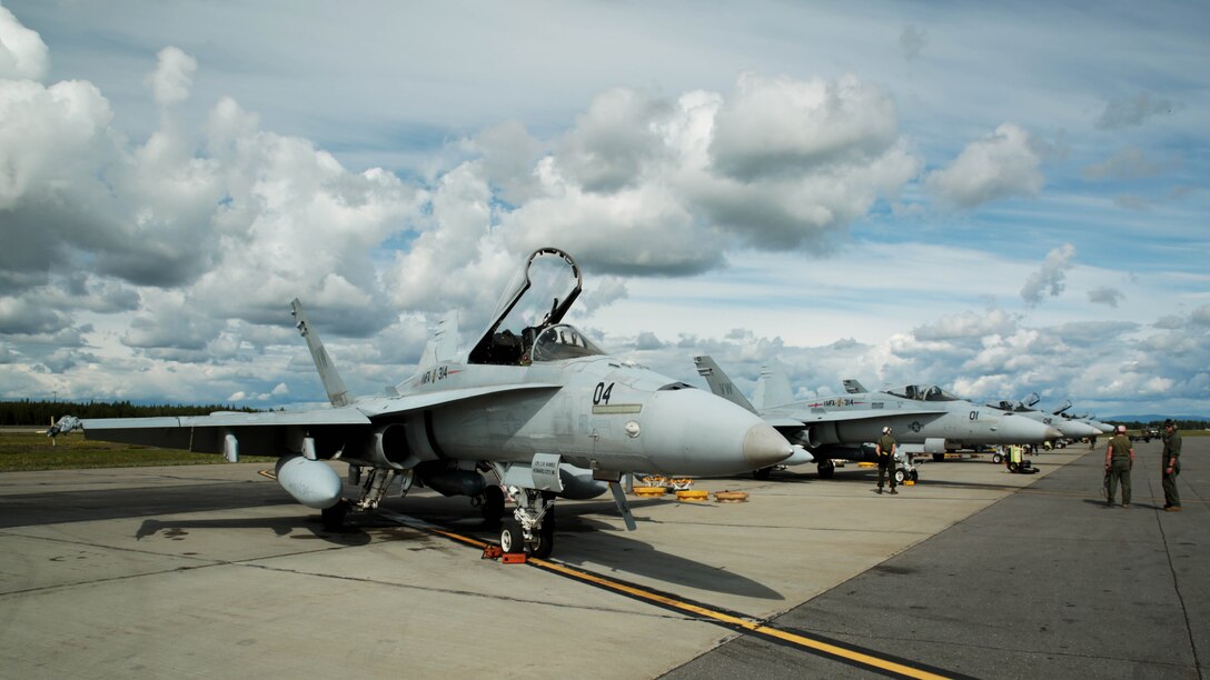A U.S. Marine Corps F/A-18C Hornet aircraft with Marine Fighter Attack Squadron (VMFA) 314, stationed at Marine Corps Air Station Miramar, California, is parked after it's mission at Eielson Air Force Base, Alaska, during its participation in Red Flag-Alaska 16-2, June 7, 2016. Red Flag-Alaska 16-2 provides squadrons the opportunity to train with joint and international units, increasing their combat skills by participating in simulated combat situations in a realistic threat environment. 