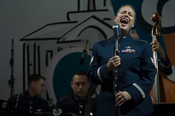 The U.S. Air Forces in Europe Band’s Ambassadors Jazz Ensemble perform during the “Jazz Saturdays at the Town Hall” June 18th, 2016, in Minsk, Belarus. The USAFE Band performed for approximately 12 thousand people. While in Belarus, 13 bandsmen will perform at other events in Minsk and surrounding communities to commemorate the alliance that ended the greatest conflict of the 20th Century. The United States, Belarus, and other ally and partner nations continue to remember and honor our shared World War II sacrifices. (U.S. Air Force photo/Technical Sgt. Paul Villanueva II)