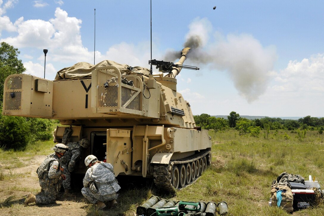 Soldiers fire an M109A6 Paladin self-propelled howitzer during live-fire training at Fort Hood, Texas, June 8, 2016. Mississippi Army National Guard photo by Staff Sgt. Shane Hamann