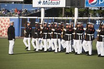 NORFOLK, Va. – The United States Marine Corps Silent Drill Platoon performs during pregame activities of the Norfolk Tides’ Marine Night, June 18. The silent drill platoon is stationed in Washington D.C., and travels the country performing at various events. Marine Night was held in honor of the brave men and women who have served, are currently serving in the Marine Corps and those who paid the ultimate sacrifice.  (U.S. Marine Corps photo by Cpl. Logan Snyder)