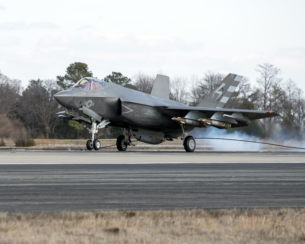 Navy Lt. Cmdr. Daniel “Tonto” Kitts, an F-35 Lightning II Joint Strike Fighter test pilot assigned to Air Test and Evaluation Squadron 23, landed in the history books when he performed the first arrestment of an F-35C Lightning II with external weapons at Naval Air Station Patuxent River, Md., Feb. 10, 2016. This week, Israel will be the first U.S. partner to receive the F-35. Navy photo by Dane Wiedmann
