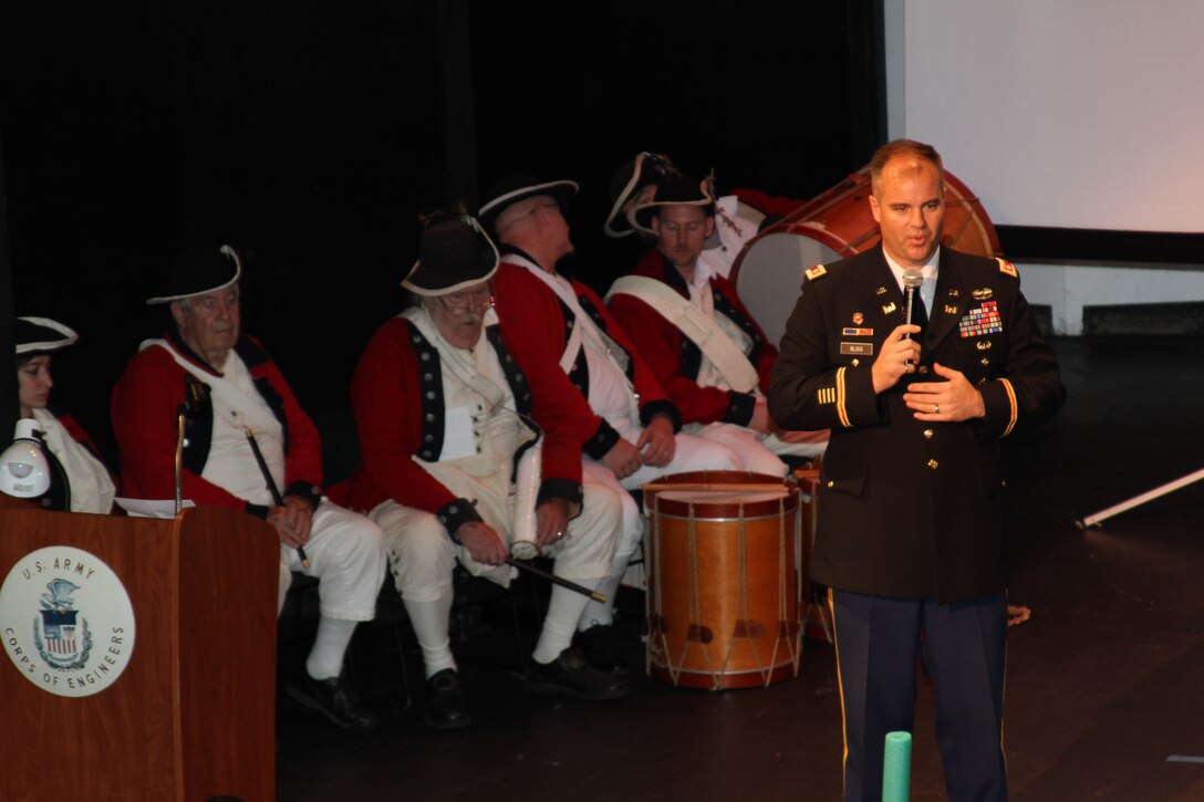 Philadelphia District Commander LTC Michael Bliss addressed the audience during the District's 150th Anniversary celebration June 15, 2016 at the Independence Seaport Museum.