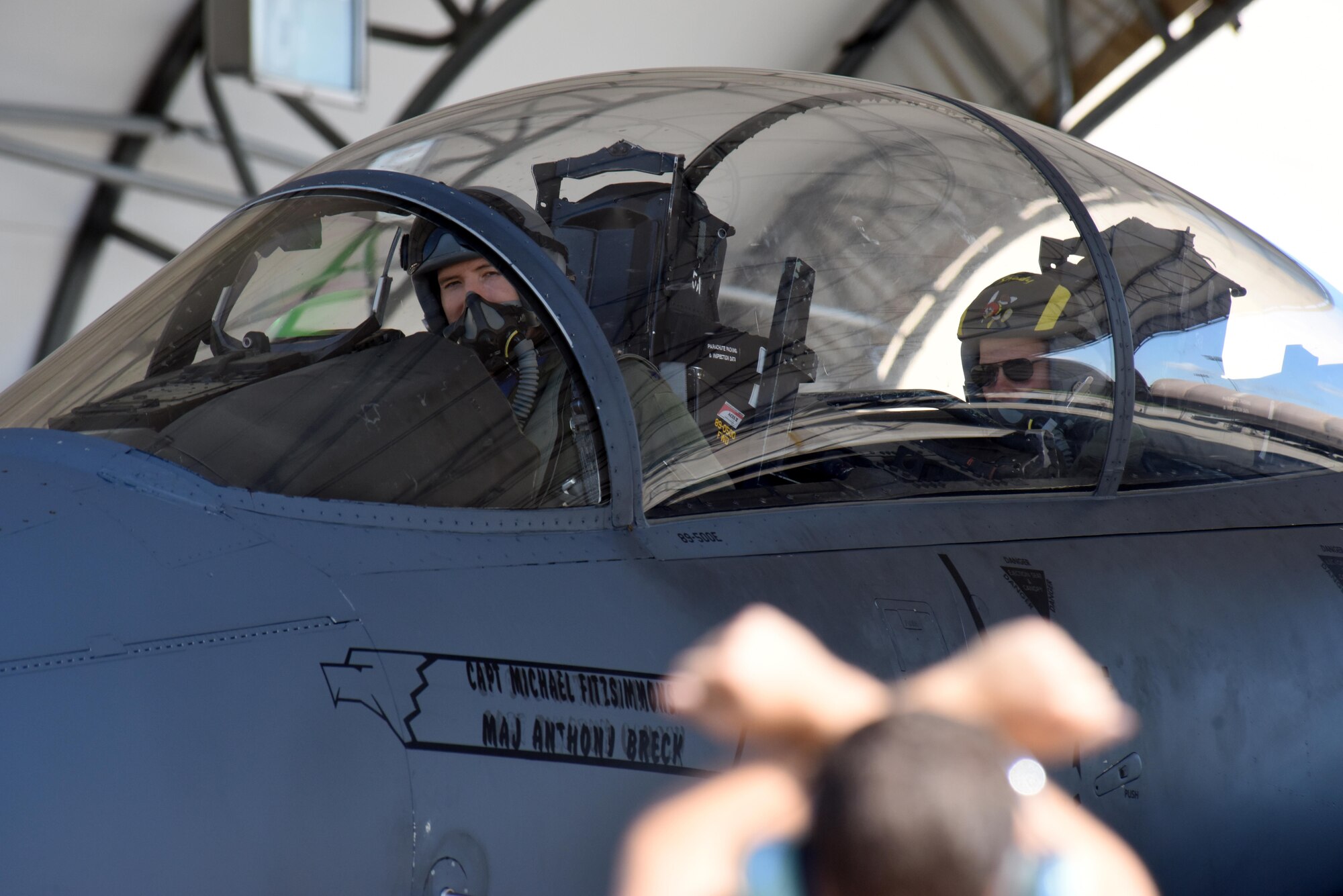 Lt. Col. Eric Schmidt, 334th Fighter Squadron director of operations, prepares to taxi prior to his final F-15E Strike Eagle flight June 17, 2016, at Seymour Johnson Air Force Base, North Carolina. Schmidt and Maj. Timothy Foery, 334th FS weapon systems officer, flew together for the final time, as Schmidt eclipsed 3,000 hours in the Strike Eagle. (U.S. Air Force photo/Tech. Sgt. Chuck Broadway)